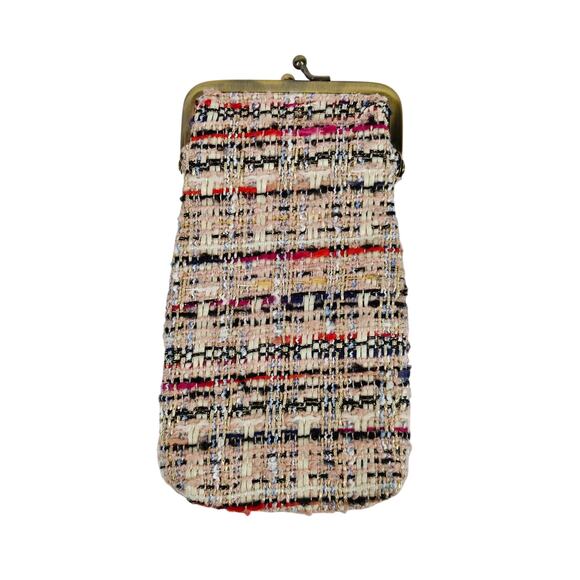 ANTHROPOLOGIE MULTICOLORED TWEED SMALL COIN BAG POUCH - KISS CLASP - PINK LINING - Picture 1 of 10